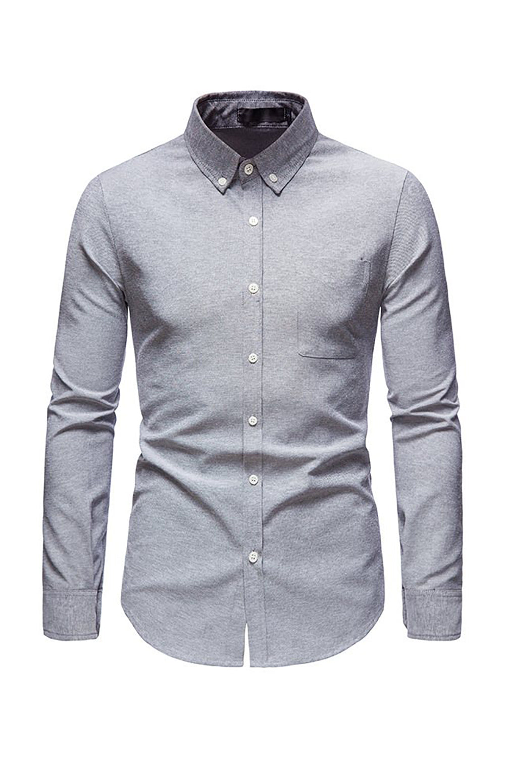 Grey Solid Button-Down Collar Patchwork Casual Shirt