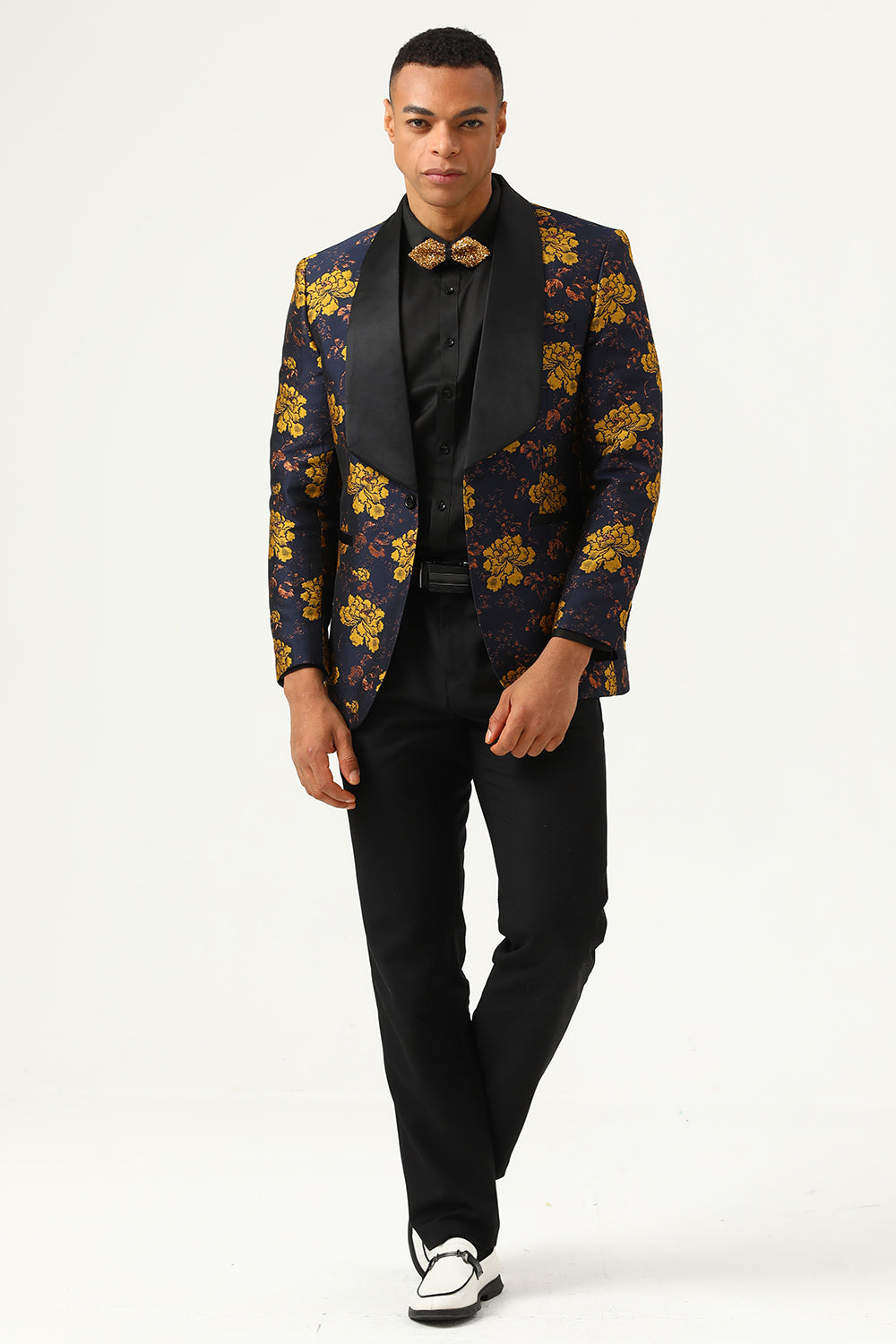 Navy Jacquard Embroidered Flower Print Men's Tuxedo Jacket