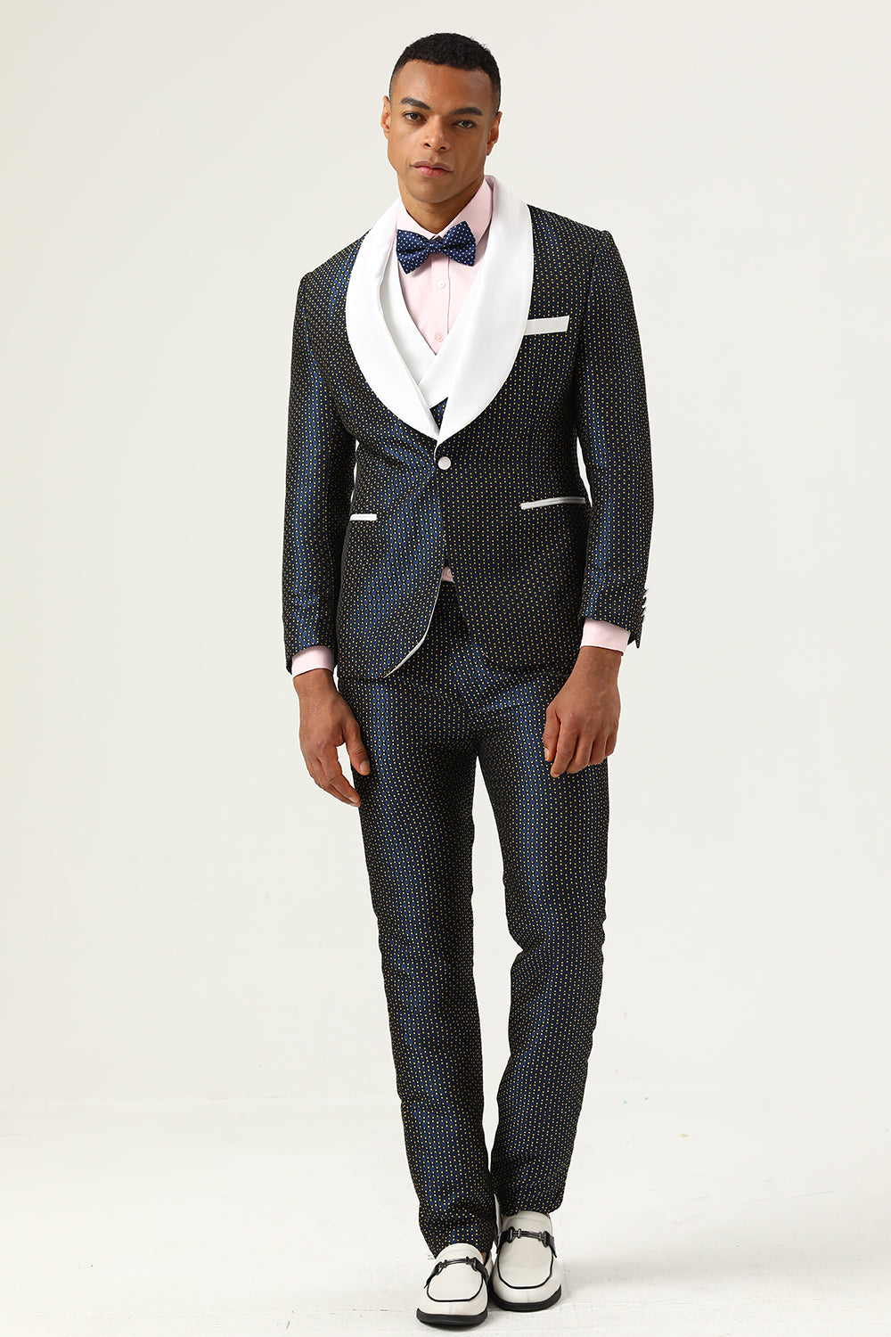 Navy 3 Piece Polka Dots Shawl Lapel Tuxedo Suit