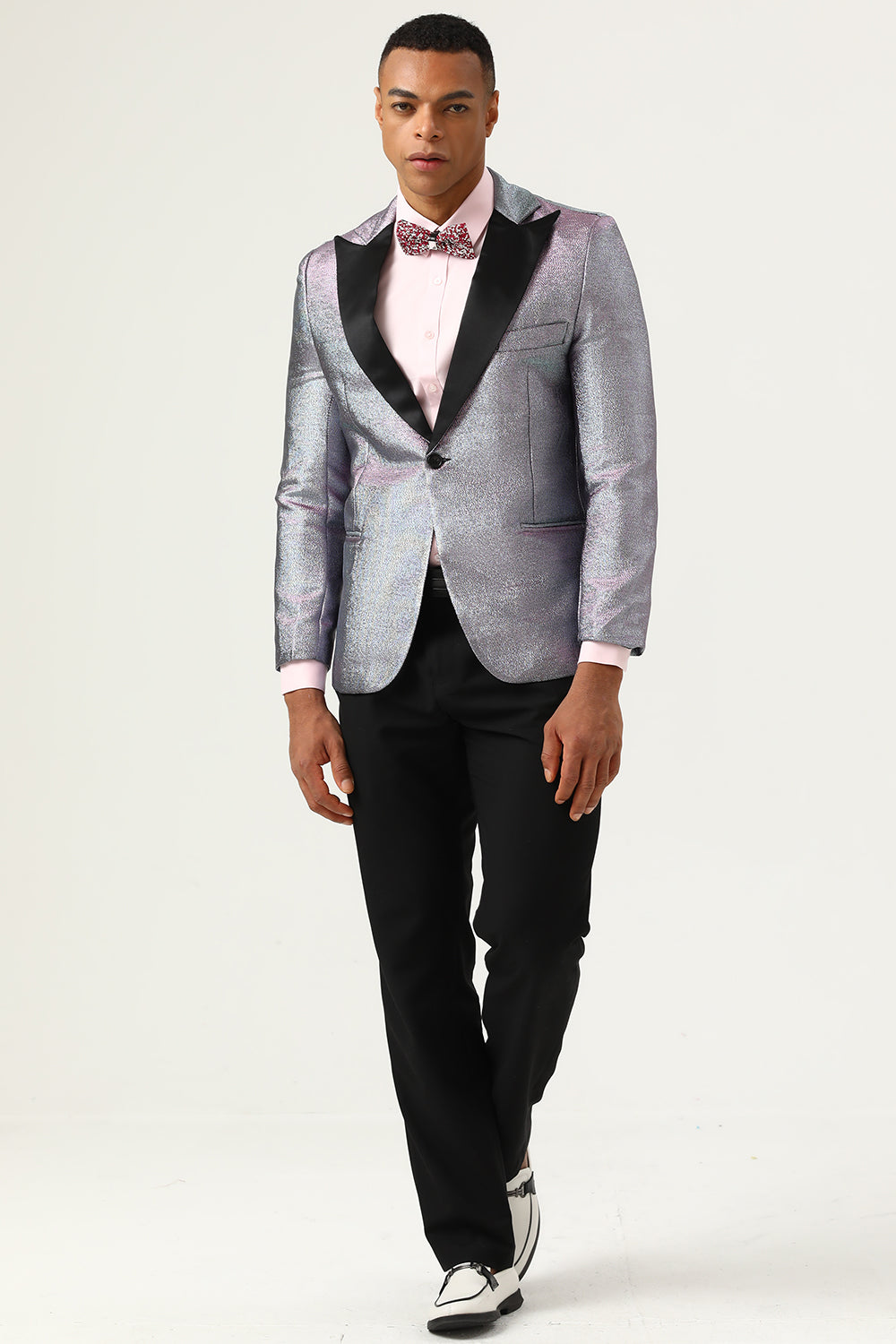 Grey Sparkly Peaked Lapel One Button Men Blazer