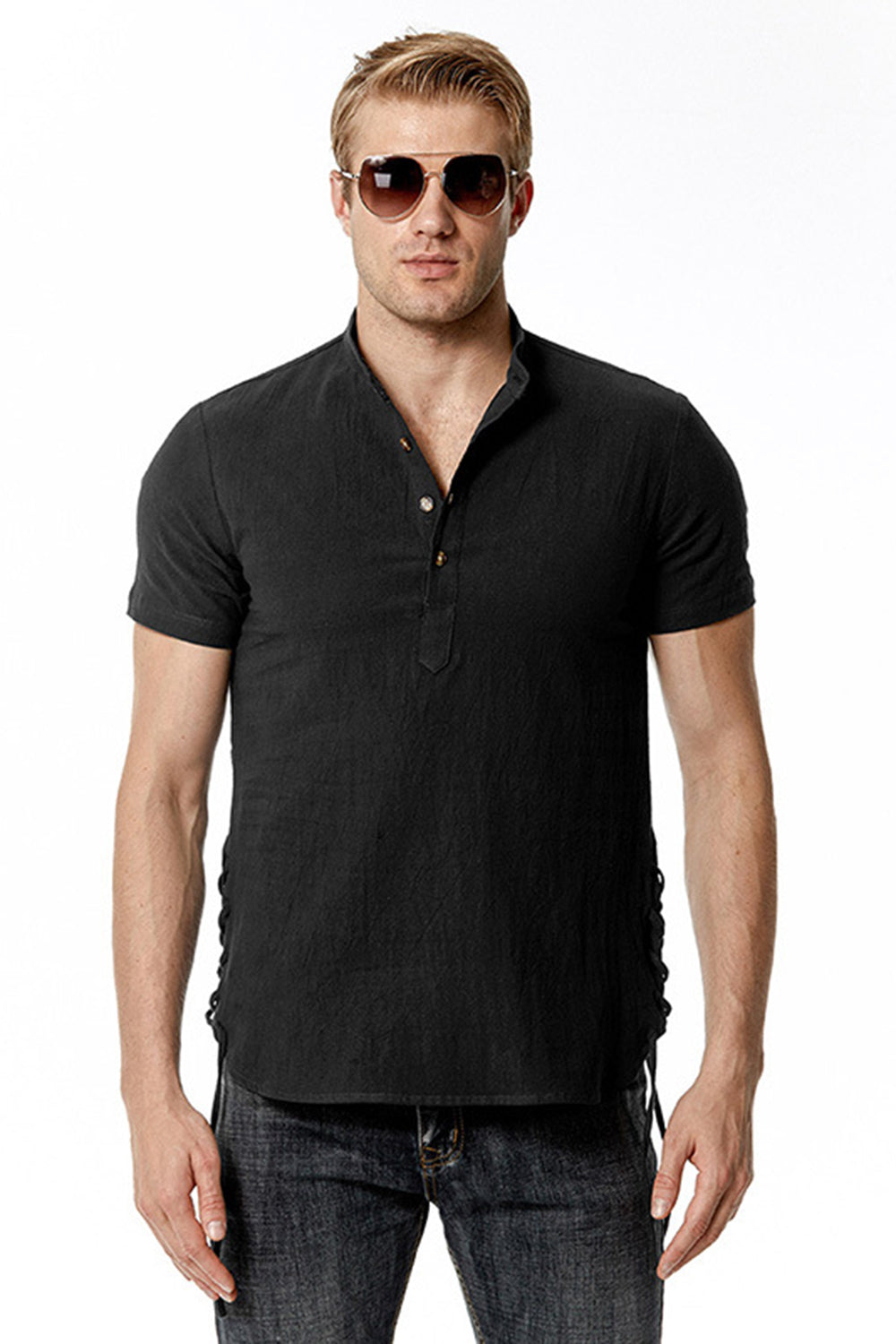 Men's Black Short Sleeves Stand Collar Casual T-Shirt