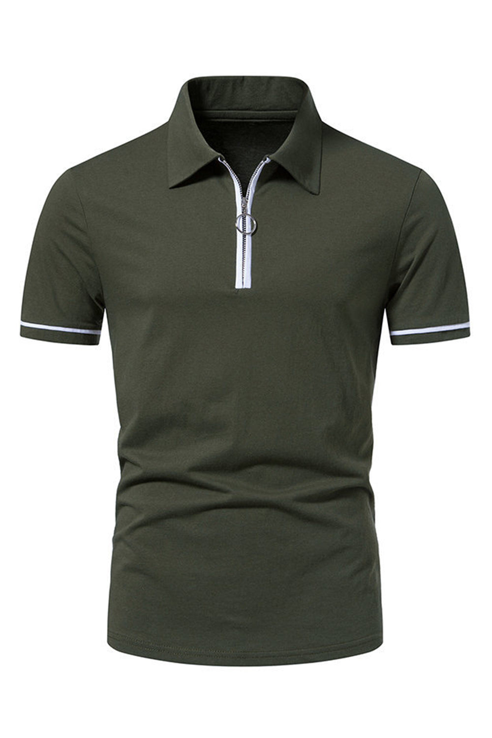 Army Green Zipper Collar Short Sleeves Casual Polo Shirt