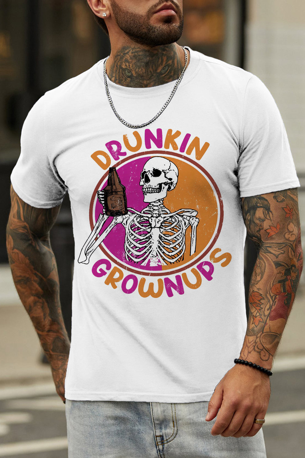 White Skull Printed Short Sleeves Graphic T-Shirt