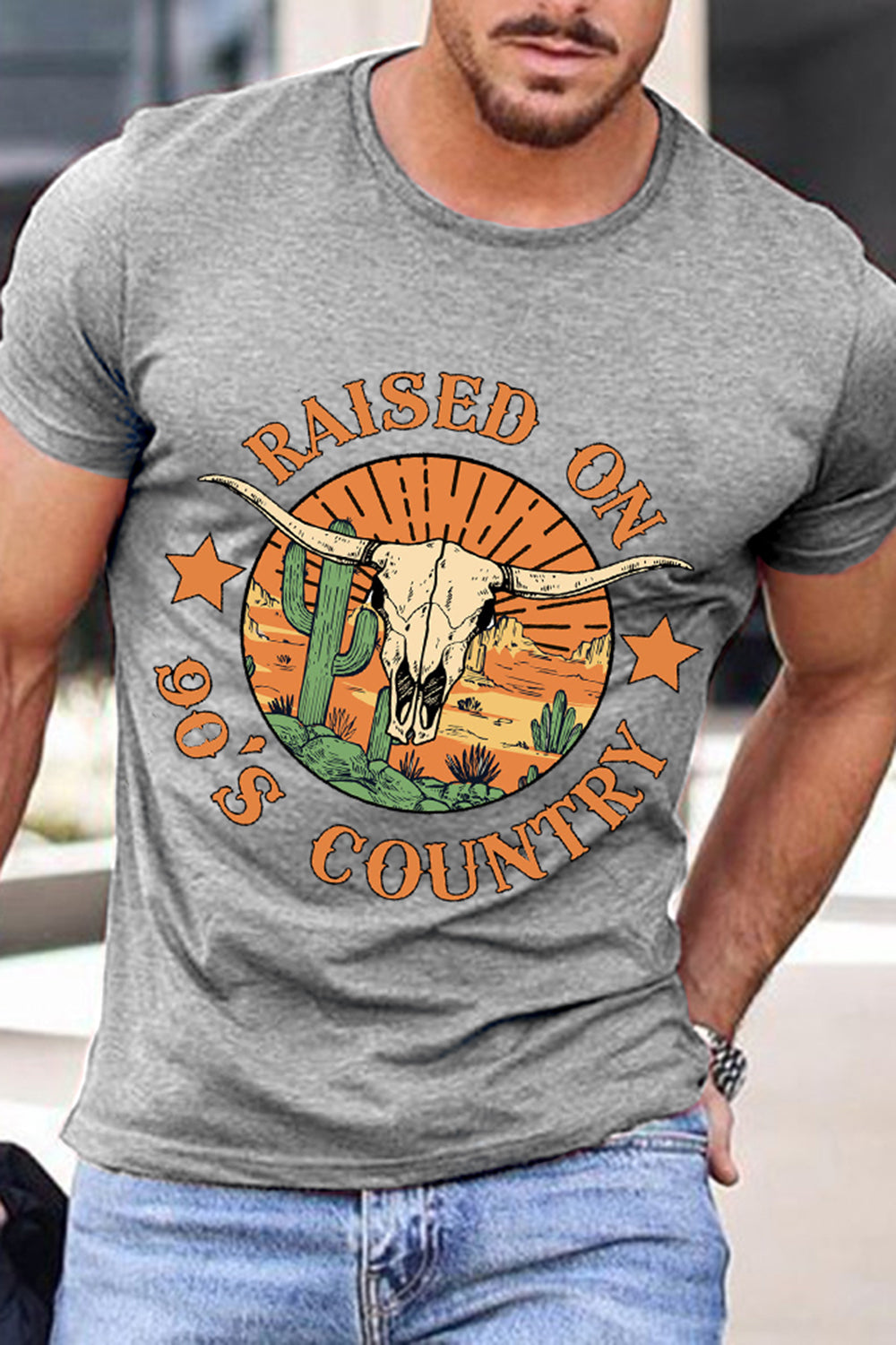 Grey Country Bull Printed Short Sleeves Crewneck Graphic T-Shirt