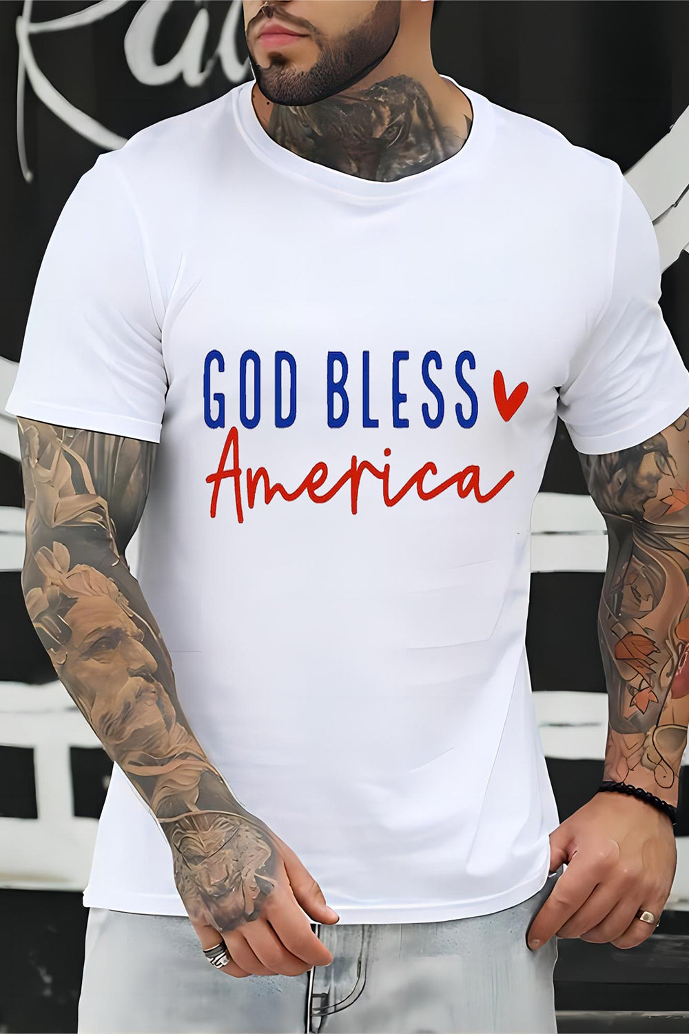 White God Bless Printed Short Sleeves Crewneck Casual T-Shirt