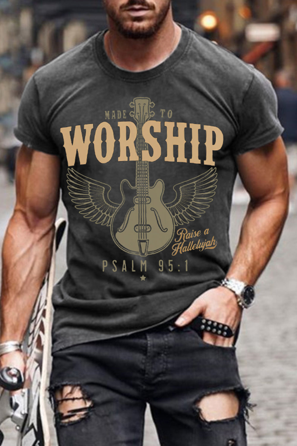 Dark Grey Guitar Printed Short Sleeves Casual T-Shirt