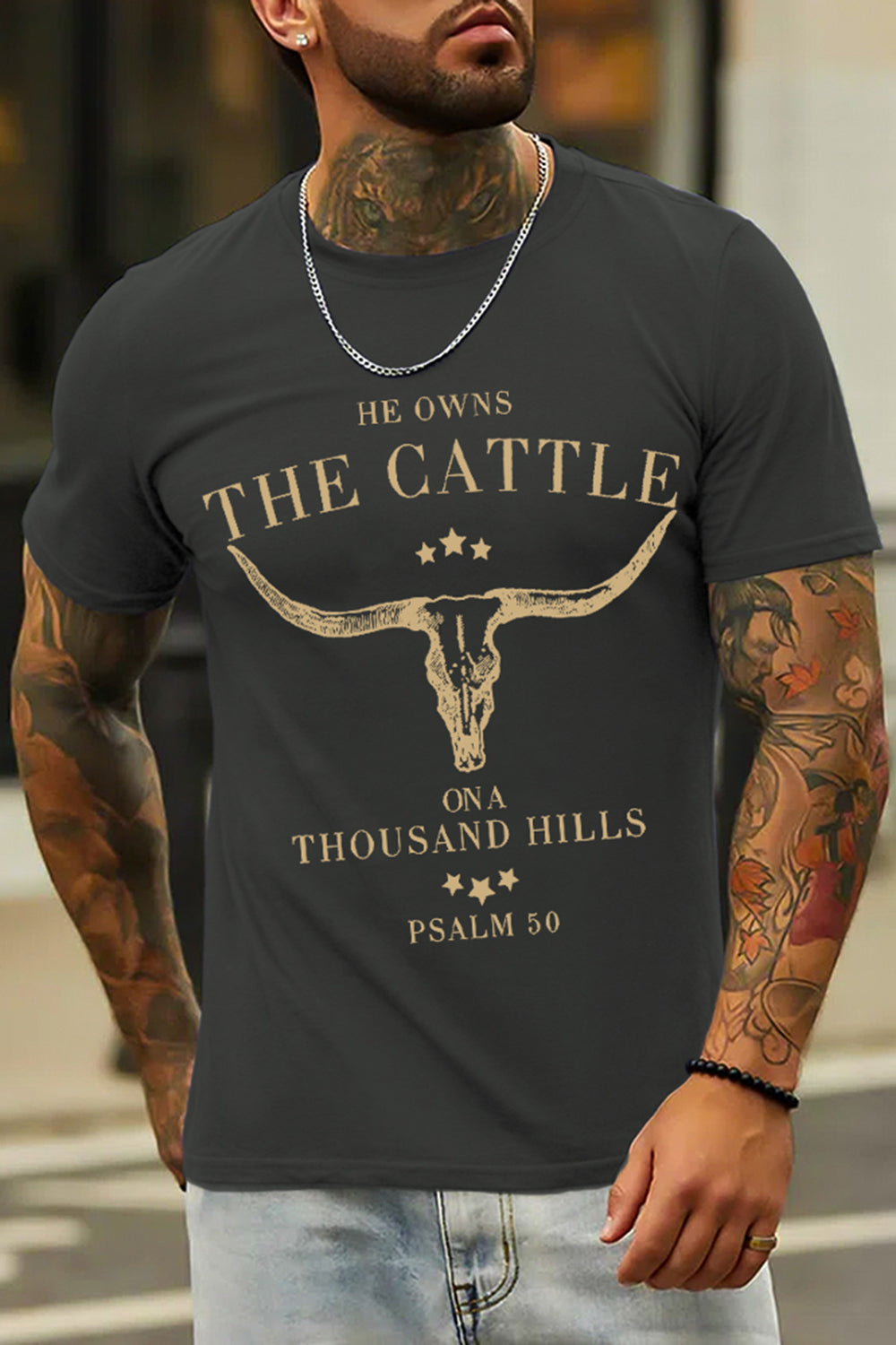 Dark Grey Cattle Printed Short Sleeves Casual T-Shirt