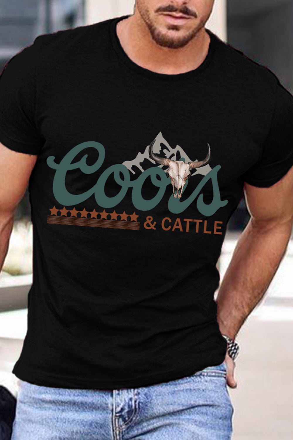 Black Mountain Cattle Printed Short Sleeves Casual T-Shirt