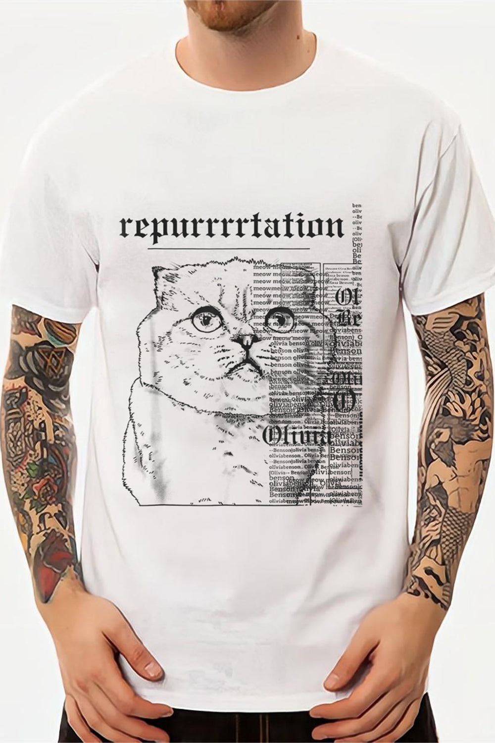 White Cat Printed Short Sleeves Graphic T-Shirt