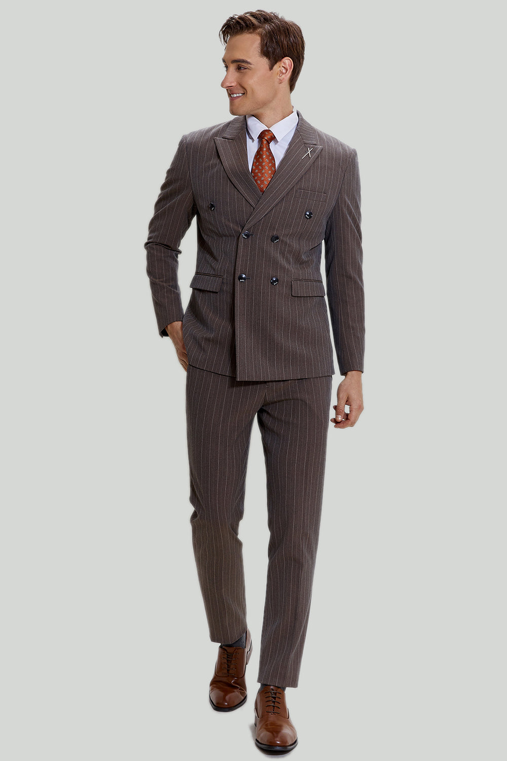 Coffee Pinstripe 3 Piece Peaked Lapel Double-Breasted Men's Suits