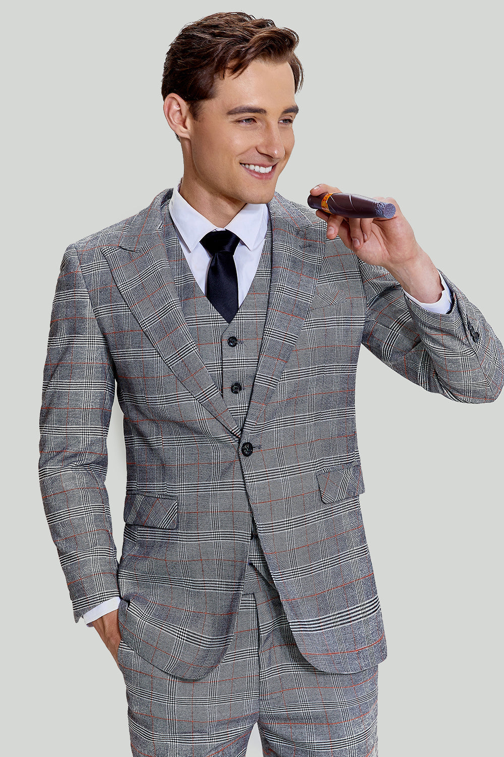 Grey Plaid Peak Lapel 3 Piece Single-Breasted Men's Suits