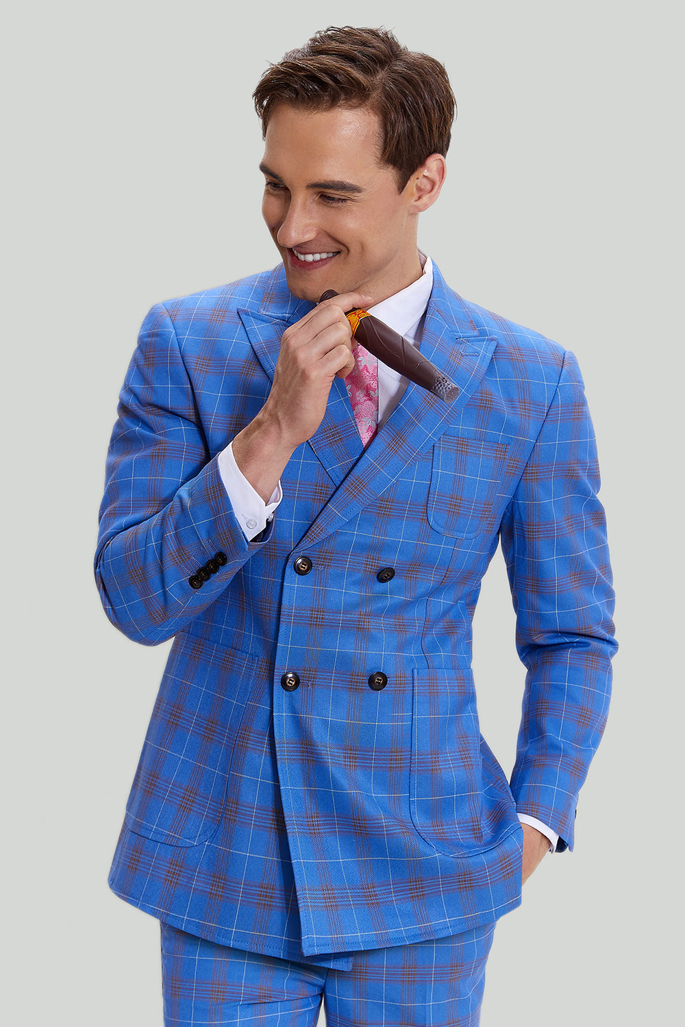 Blue Plaid 3 Piece Peaked Lapel Double-Breasted Men's Suits