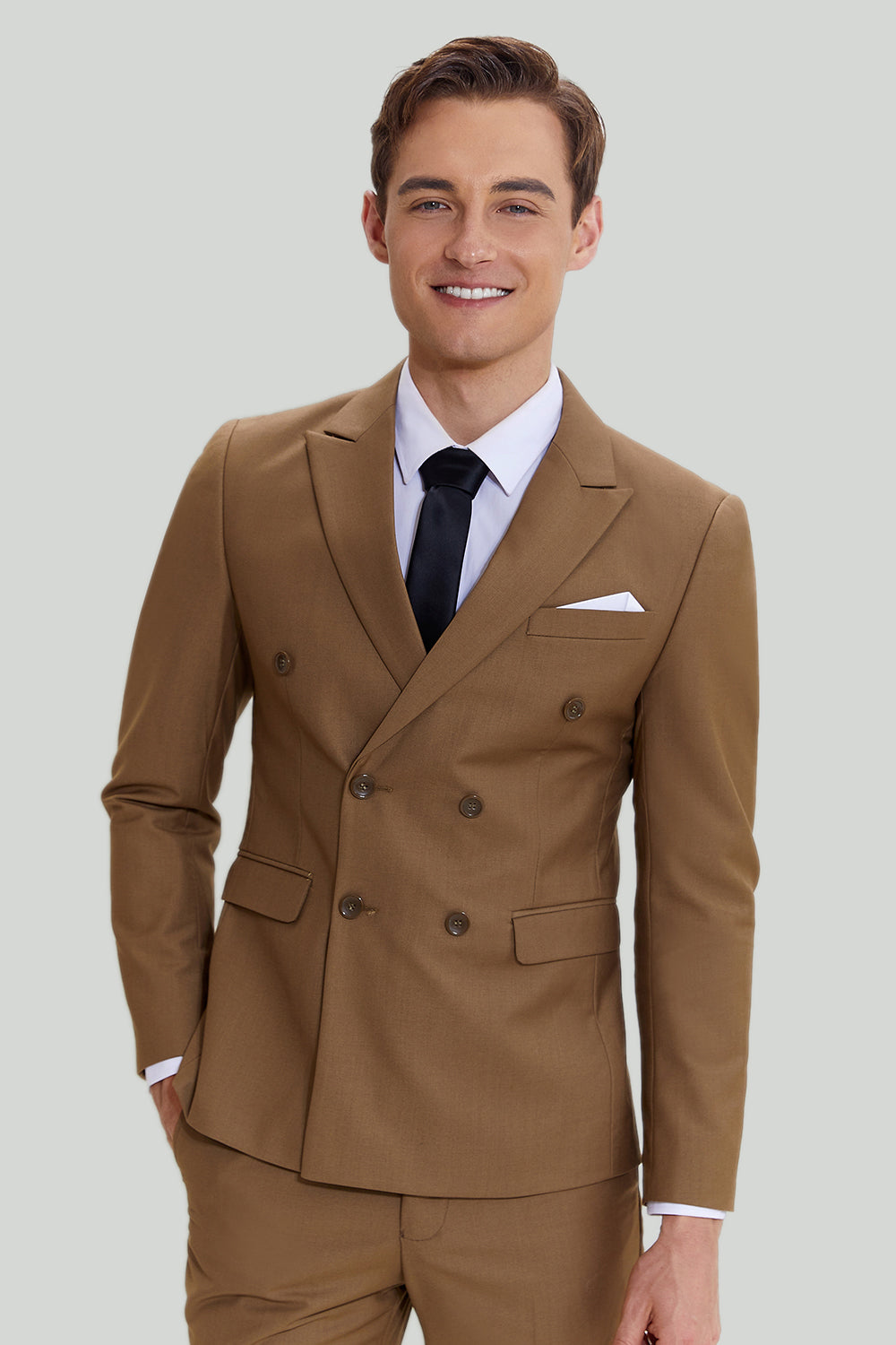 Khaki 2 Piece Peaked Lapel Double-Breasted Men's Suit