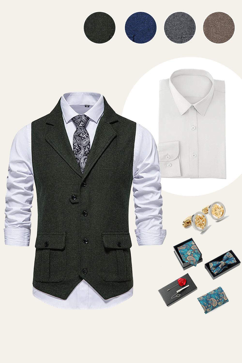 Dark Green Notch Lapel Men's Suit Vest 8-Piece Set