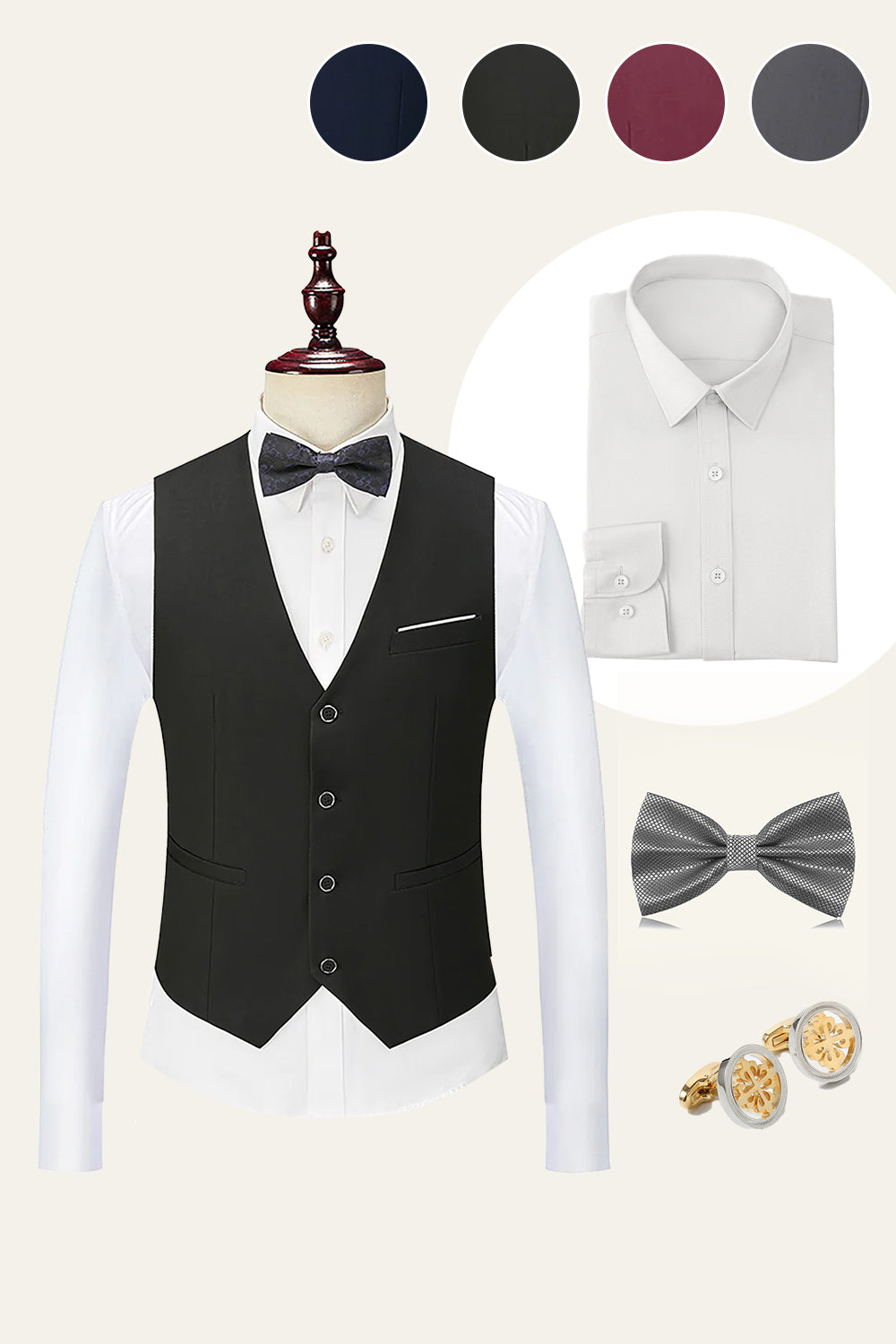 Black Single Breasted Men's Suit Vest 4-Piece Set