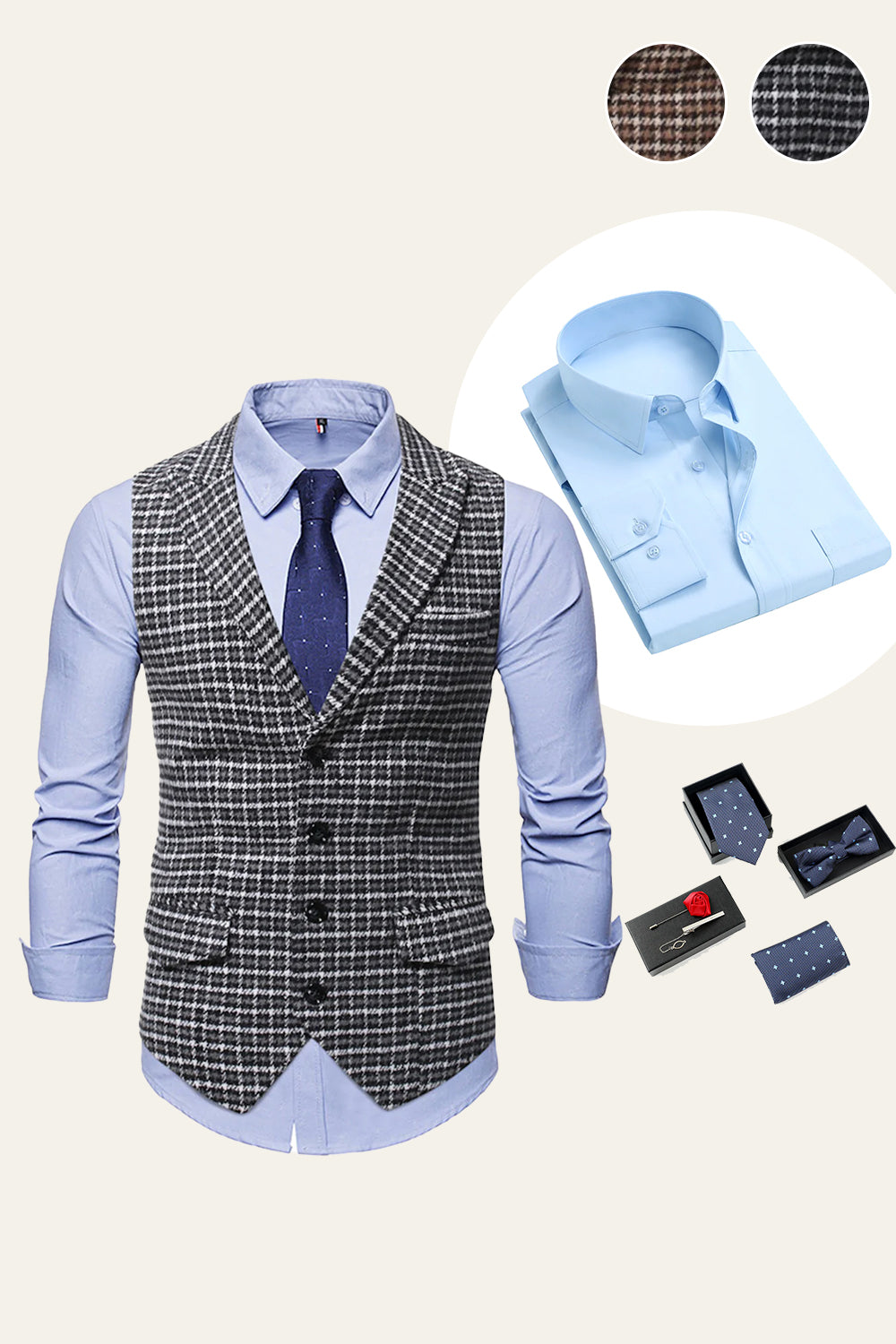 Black Plaid Peaked Lapel Men's Suit Vest 7-Piece Set