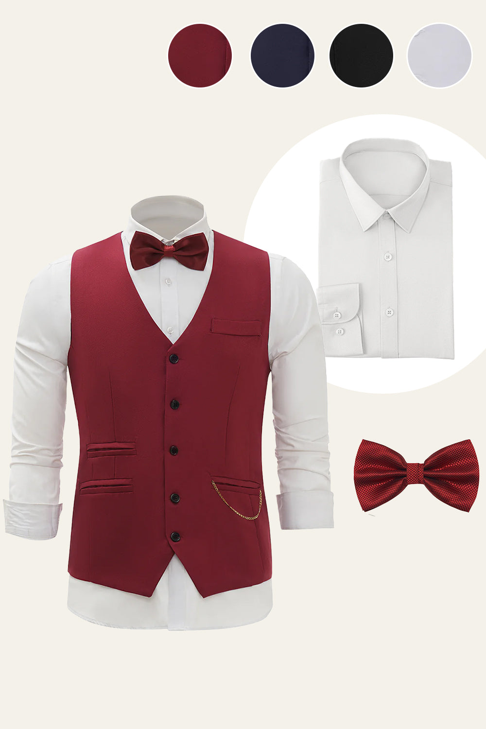 Burgundy Single Breasted Men's Suit Vest 3-Piece Set