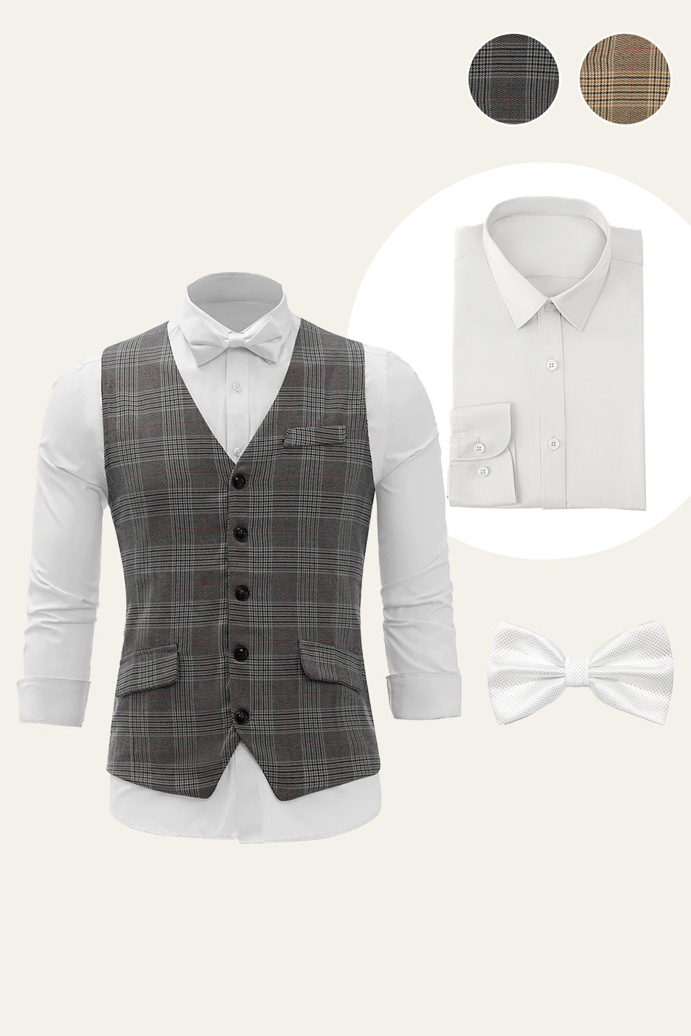 Grey Plaid Single-Breasted Men's Vest 3-Piece Set