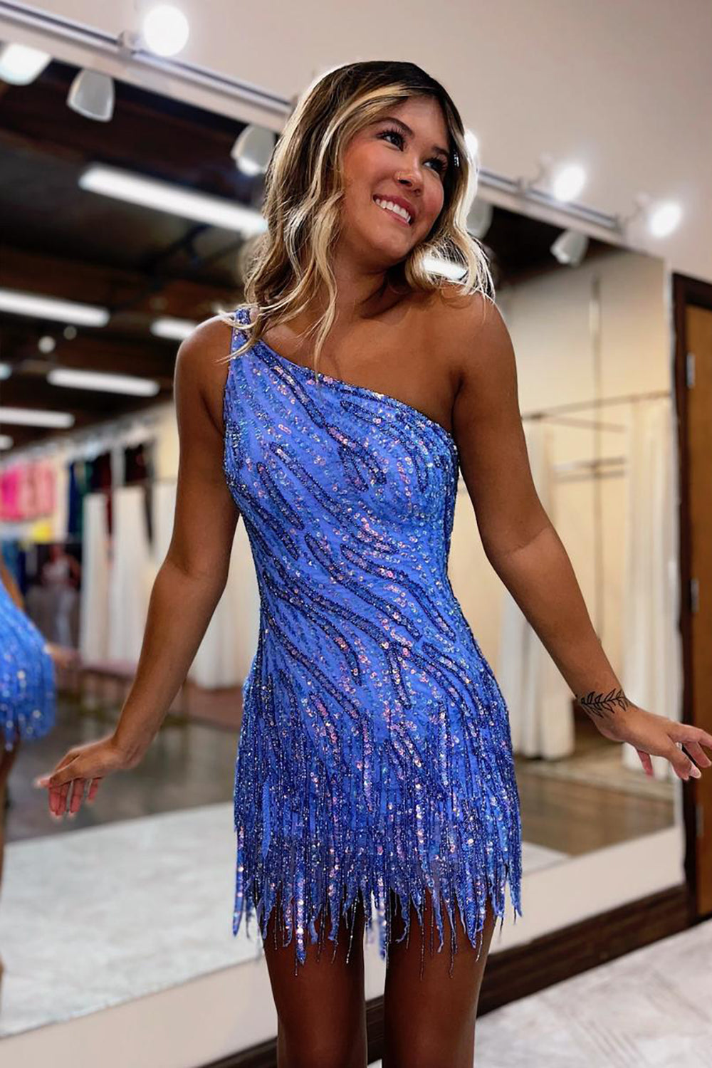 Sheath One Shoulder Blue Sequins Short Homecoming Dress with Tassel