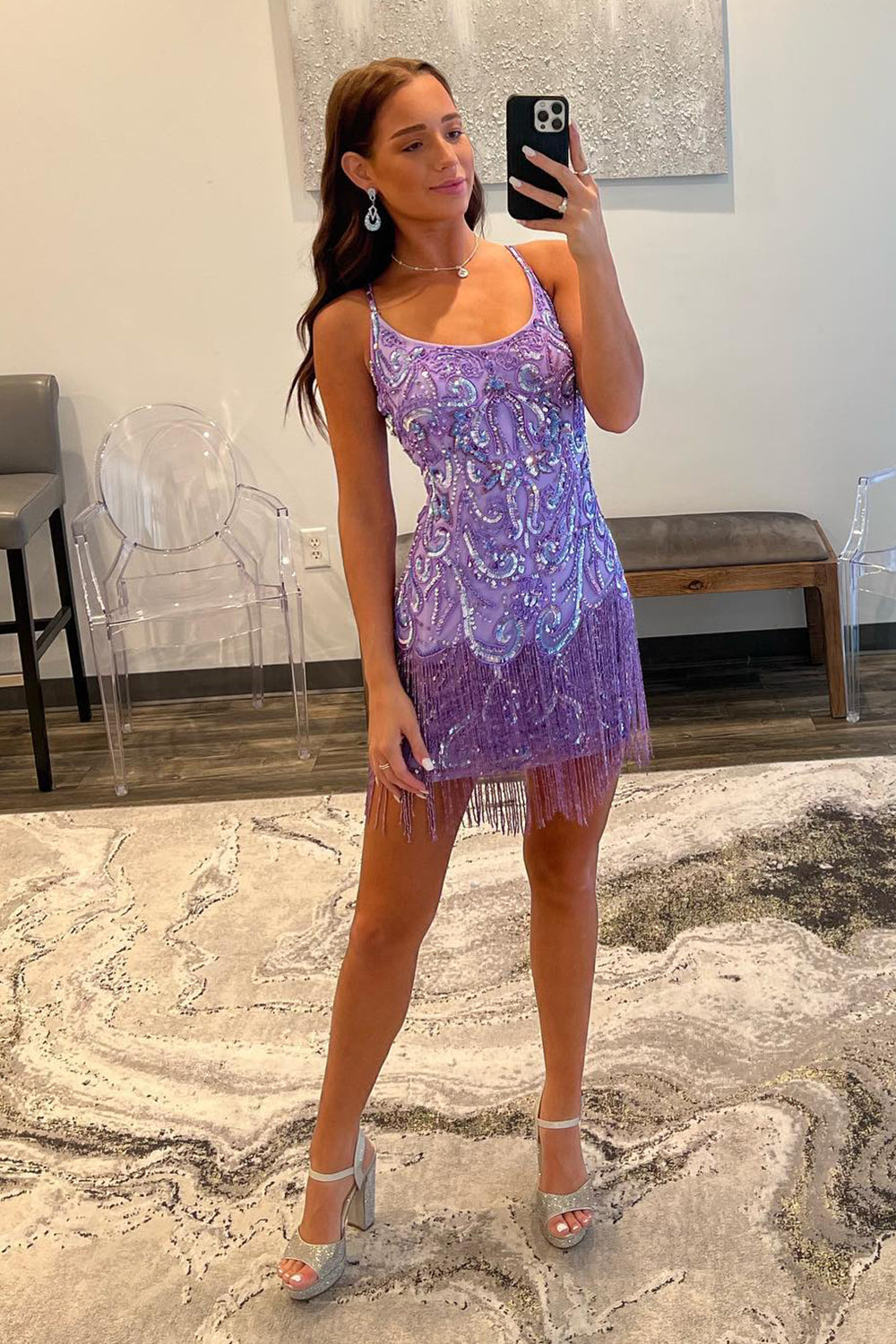 Sparkly Purple Sequins Spaghetti Straps Short Homecoming Dress with Fringes