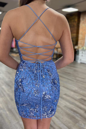 Stylish Bodycon Spaghetti Straps Blue Short Homecoming Dress with Sequins