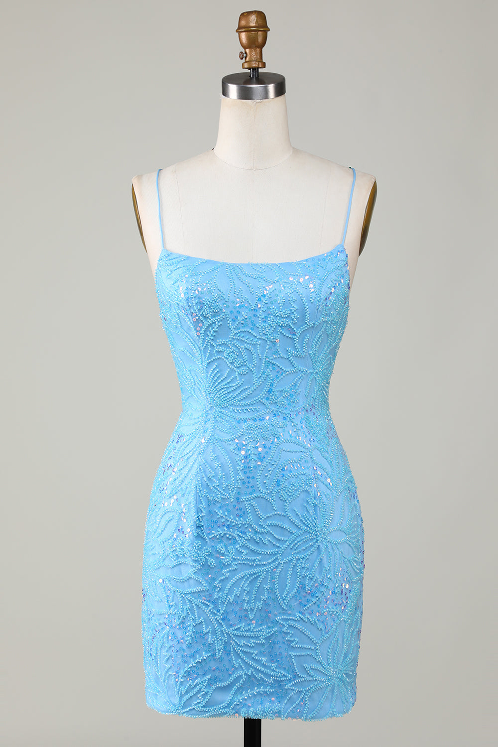 Sparkly Bodycon Spaghetti Straps Blue Short Homecoming Dress with Beaded